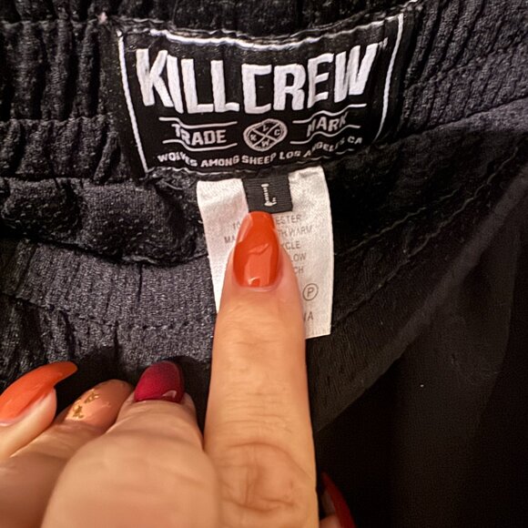 EUC Mens Kill Crew Athletic Shorts Black White Flames Yellow Pull Tie Logo Large - Picture 3 of 4